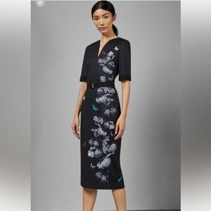 Ted Baker Black Niliano Narrnia Butterfly Floral Sheath midi Dress size 2.